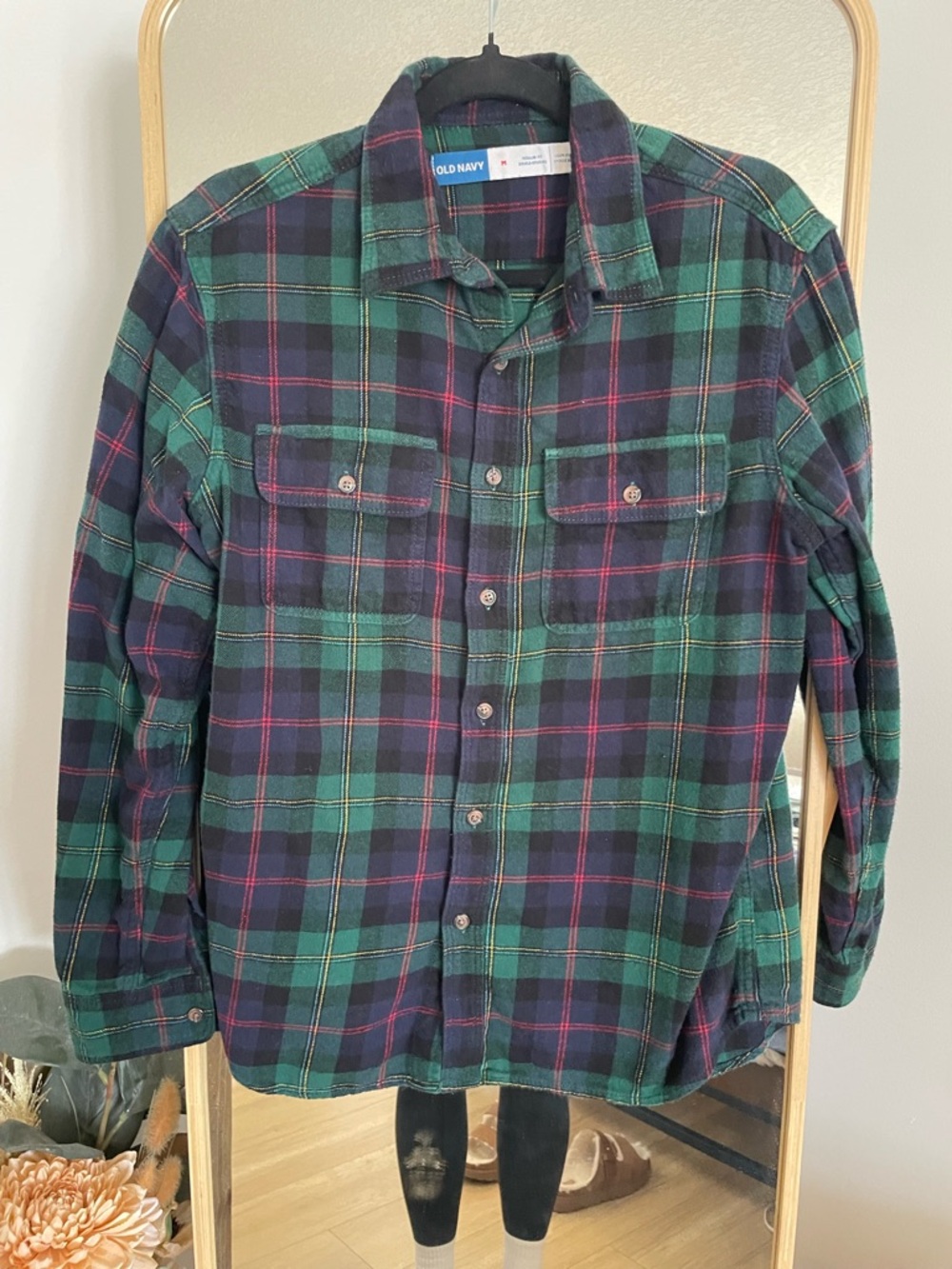 Old Navy Men’s Green, Navy & Red Plaid Button-Up Shirt